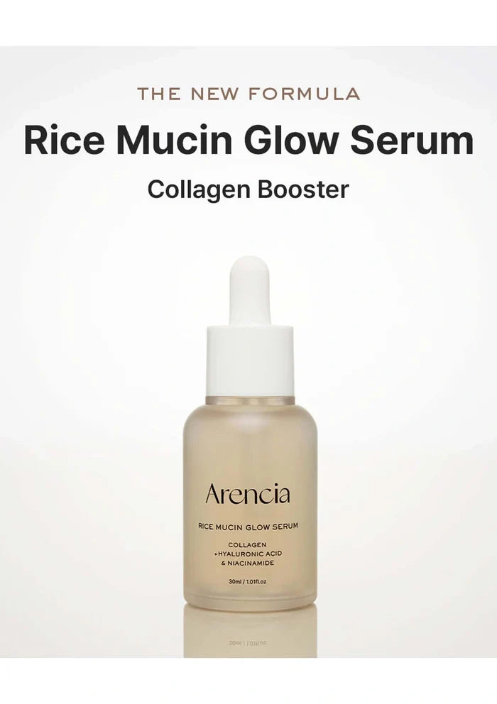 Arencia Rice Mucin Glow Serum bottle on a white background with text about the new formula and collagen booster.