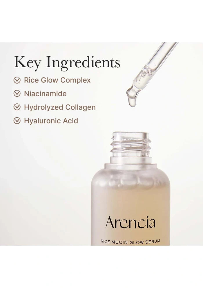 Arencia rice mucin glow serum with key ingredients listed on a white background