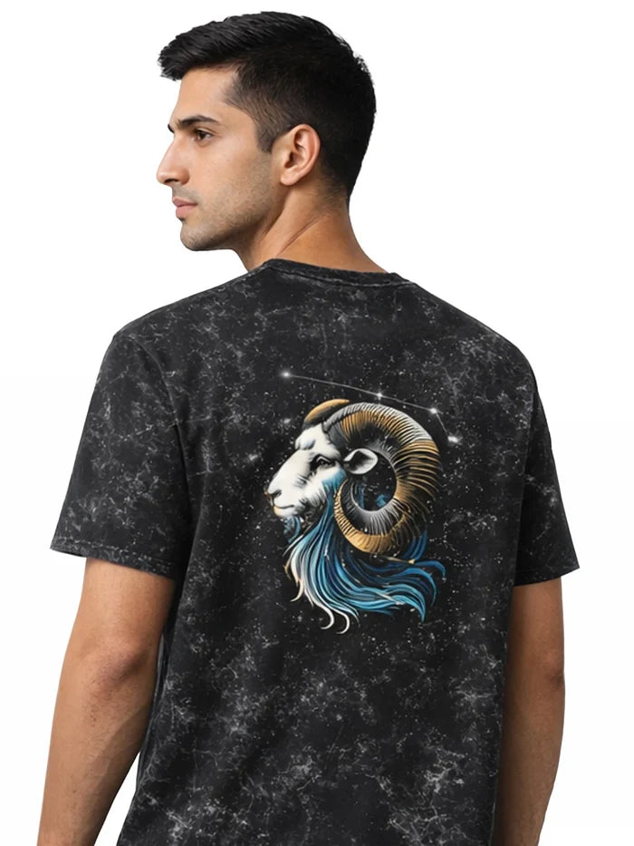 Arya Black Oversized Zodiac Aries Print Half Sleeve Cotton T-Shirt