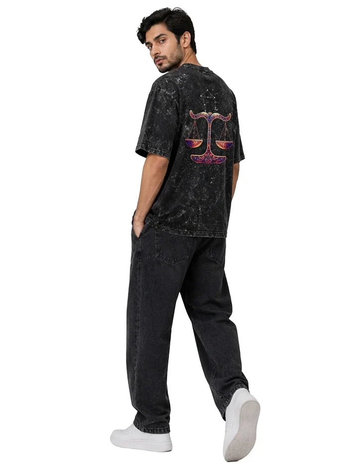 Arya Black Oversized Zodiac Libra Print Half Sleeve Cotton T-Shirt