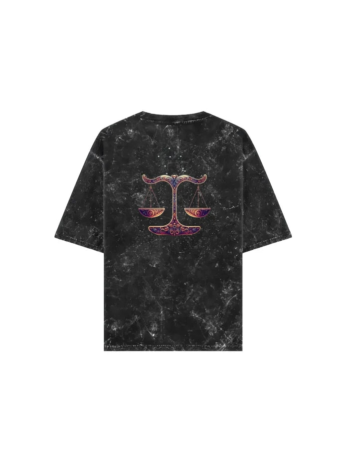 Arya Black Oversized Zodiac Libra Print Half Sleeve Cotton T-Shirt