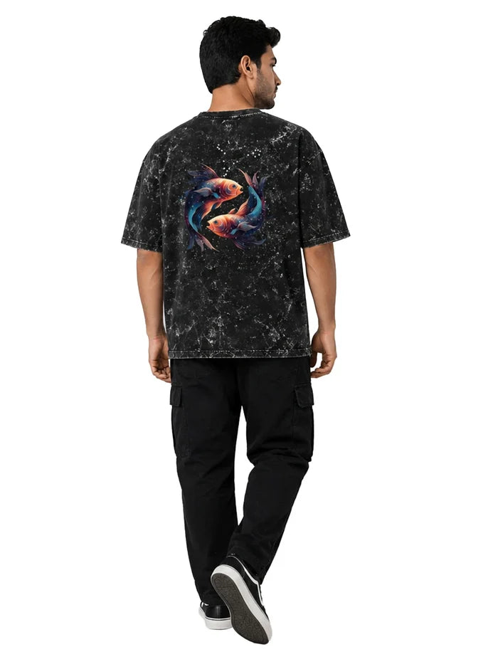 Arya Black Oversized Zodiac Pisces Print Half Sleeve Cotton T-Shirt