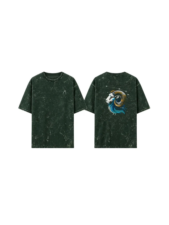 Arya Bottle Green Oversized Zodiac Aries Print Half Sleeve Cotton T-Shirt