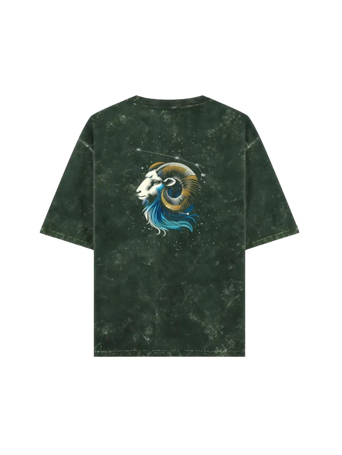 Arya Bottle Green Oversized Zodiac Aries Print Half Sleeve Cotton T-Shirt