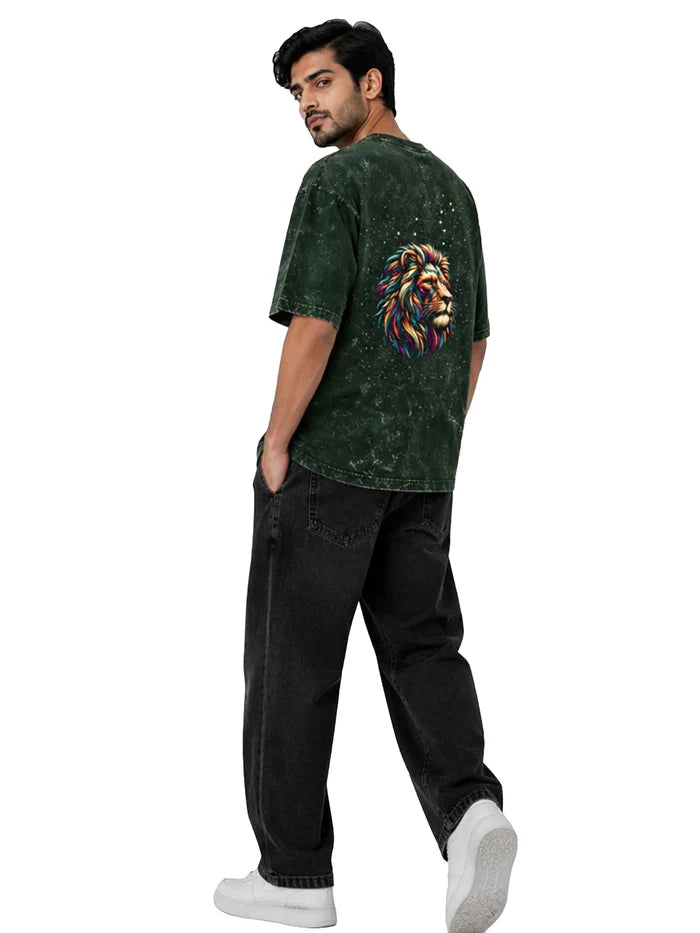 Arya Bottle Green Oversized Zodiac Leo Print Half Sleeve Cotton T-Shirt