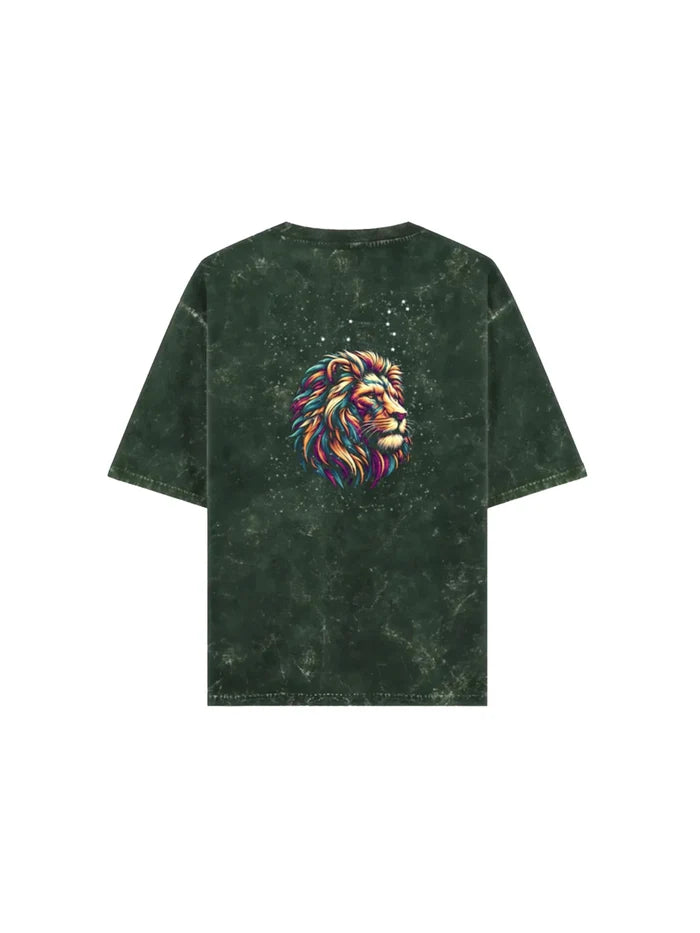 Arya Bottle Green Oversized Zodiac Leo Print Half Sleeve Cotton T-Shirt