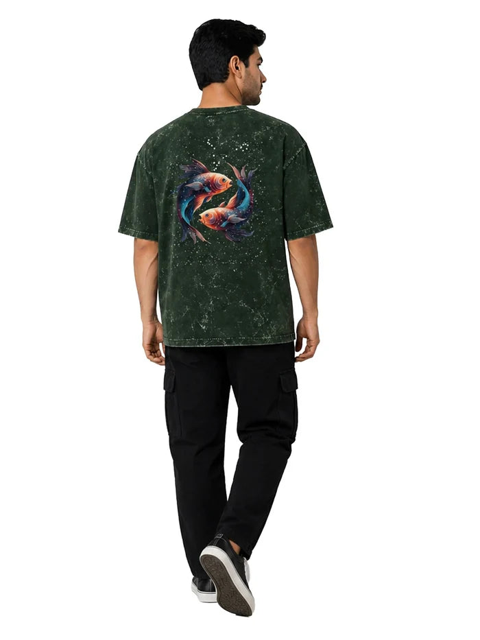 Arya Bottle Green Oversized Zodiac Pisces Print Half Sleeve Cotton T-Shirt
