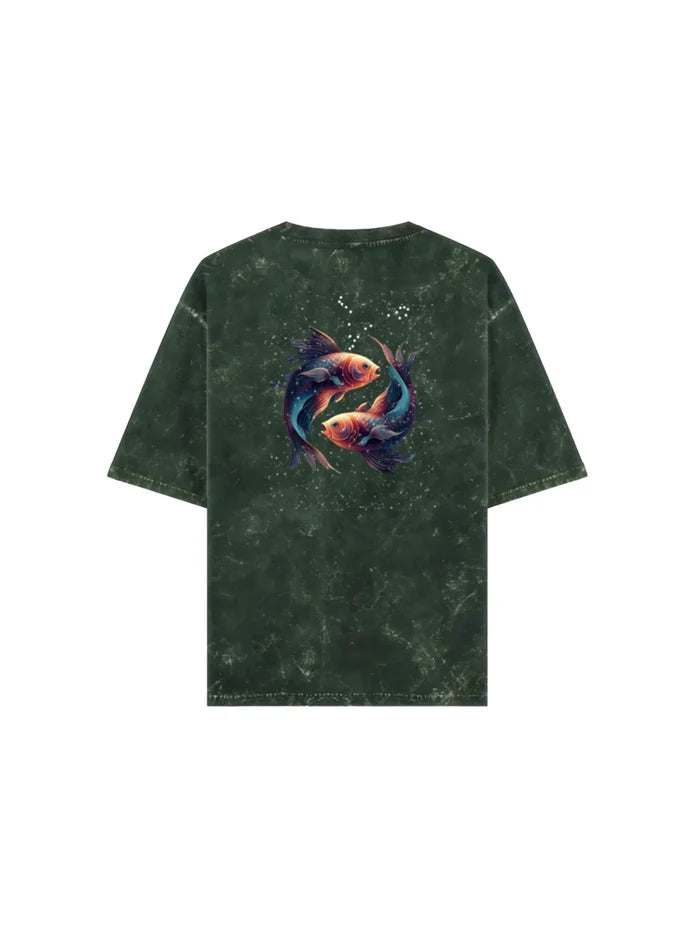 Arya Bottle Green Oversized Zodiac Pisces Print Half Sleeve Cotton T-Shirt