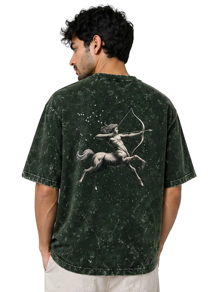 Arya Bottle Green Oversized Zodiac Sagittarius Print Half Sleeve Cotton T-Shirt