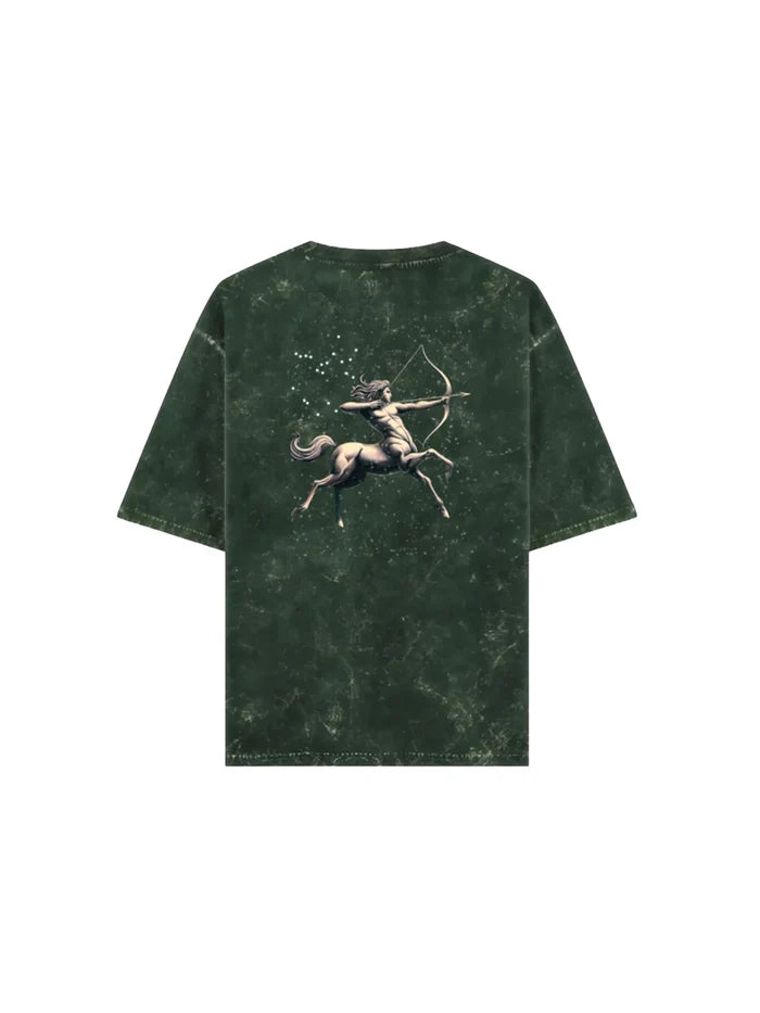 Arya Bottle Green Oversized Zodiac Sagittarius Print Half Sleeve Cotton T-Shirt