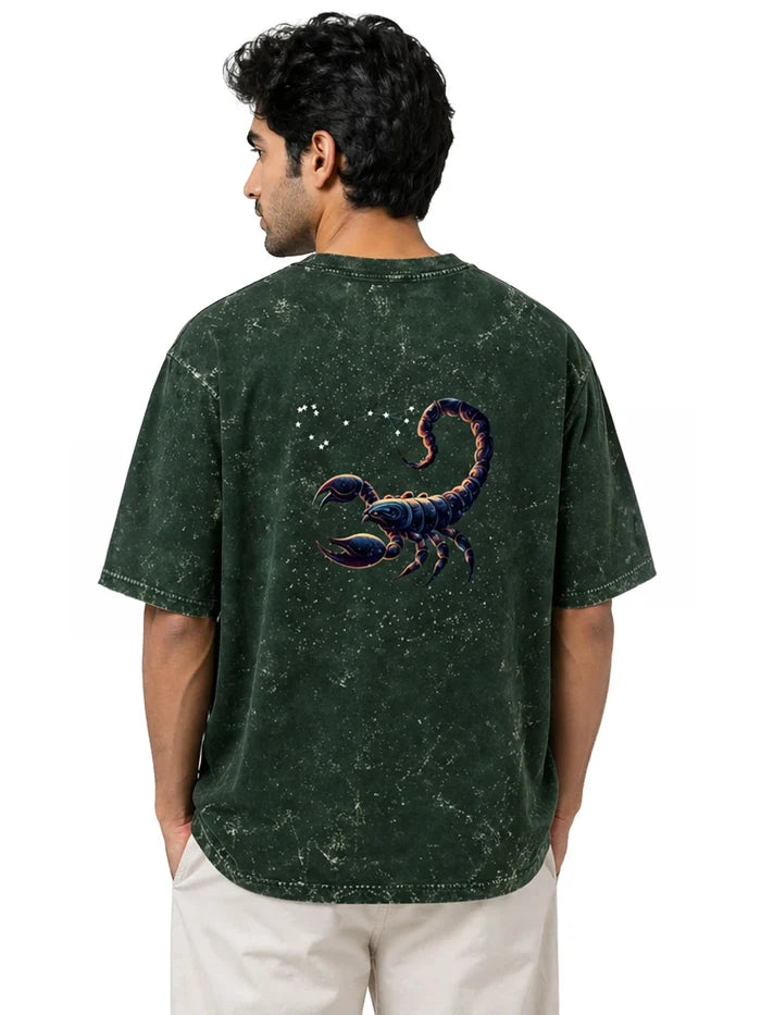 Arya Bottle Green Oversized Zodiac Scorpio Print Half Sleeve Cotton T-Shirt