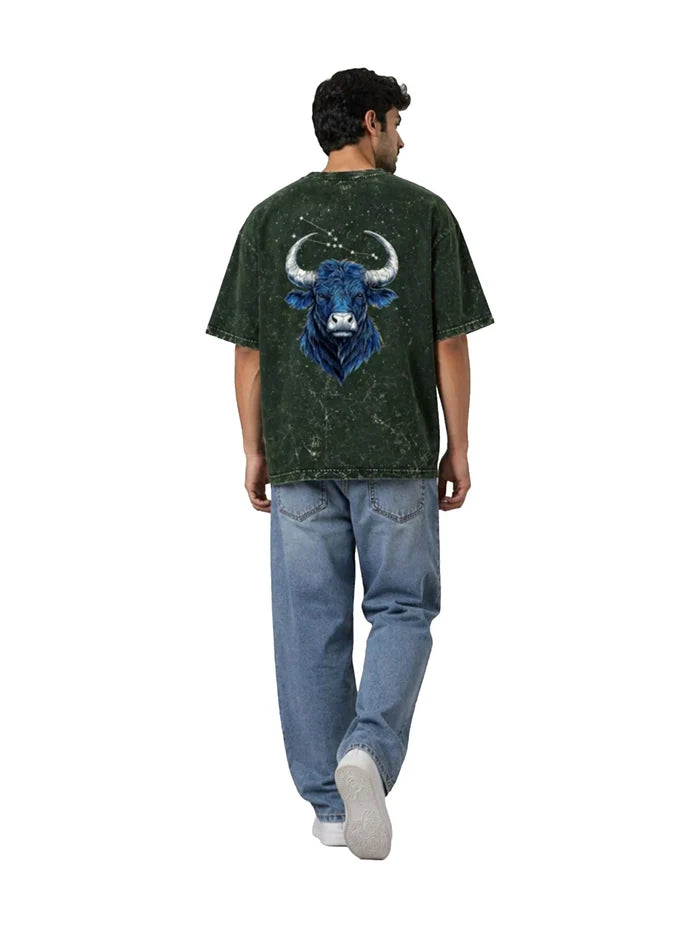 Arya Bottle Green Oversized Zodiac Taurus Print Half Sleeve Cotton T-Shirt