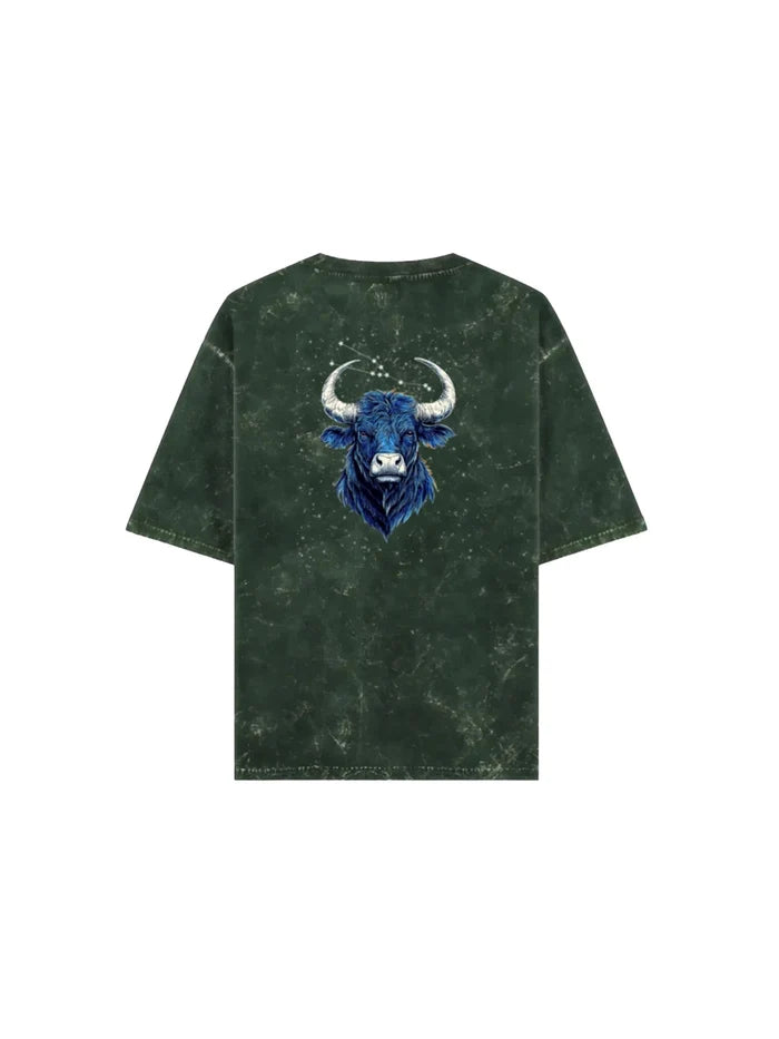 Arya Bottle Green Oversized Zodiac Taurus Print Half Sleeve Cotton T-Shirt