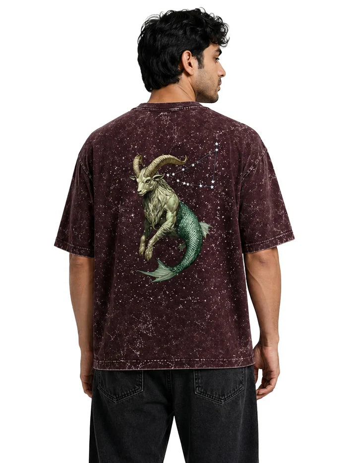 Arya Maroon Oversized Zodiac Capricorn Print Half Sleeve Cotton T-Shirt