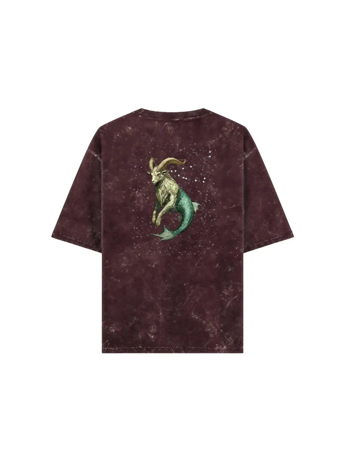 Arya Maroon Oversized Zodiac Capricorn Print Half Sleeve Cotton T-Shirt