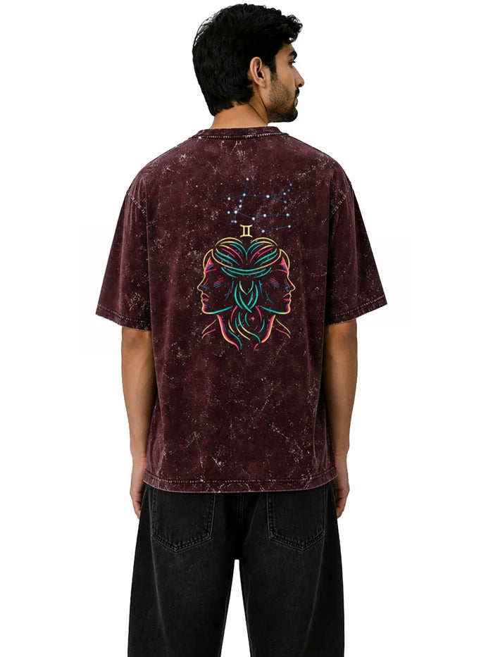 Arya Maroon Oversized Zodiac Gemini Print Half Sleeve Cotton T-Shirt