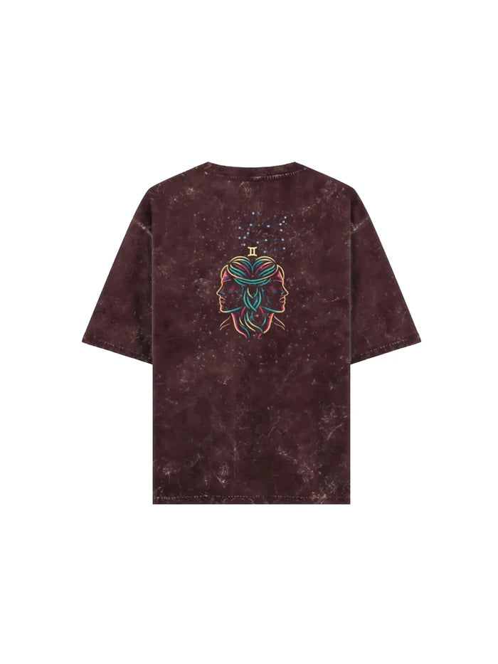 Arya Maroon Oversized Zodiac Gemini Print Half Sleeve Cotton T-Shirt