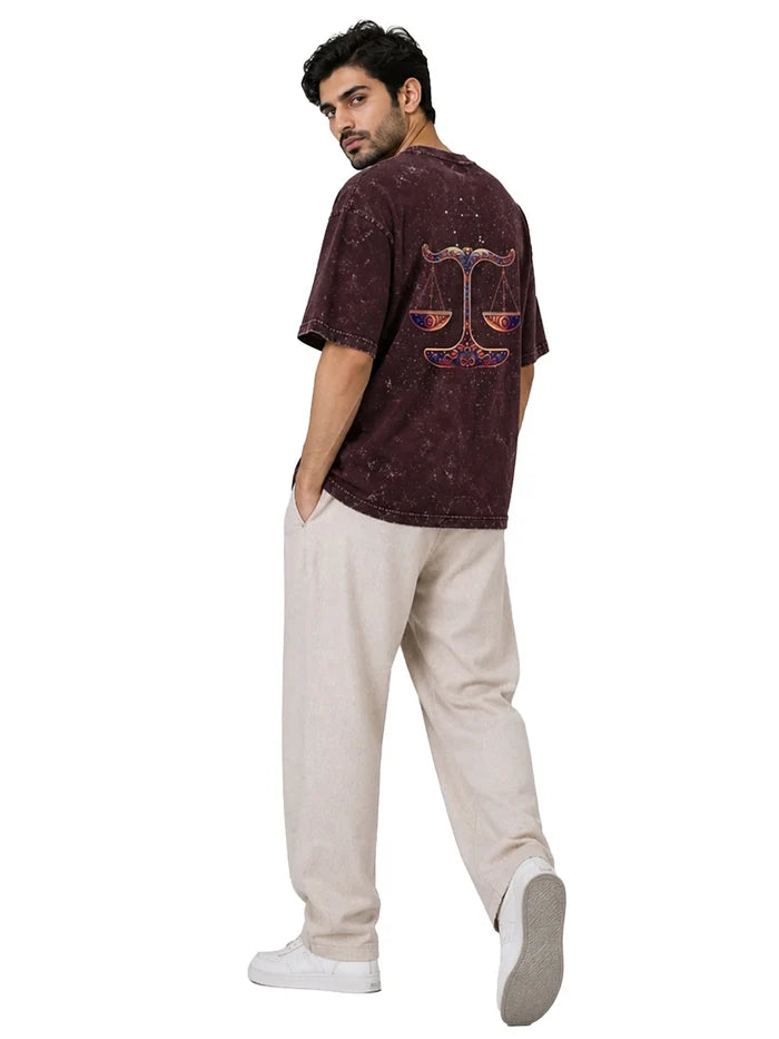 Arya Maroon Oversized Zodiac Libra Print Half Sleeve Cotton T-Shirt