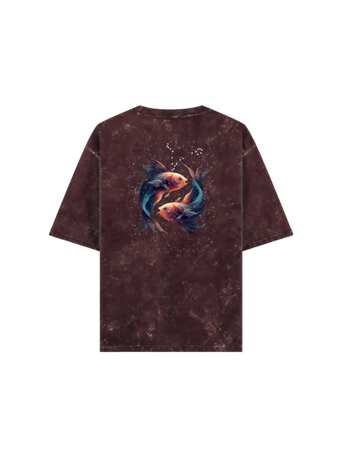 Arya Maroon Oversized Zodiac Pisces Print Half Sleeve Cotton T-Shirt