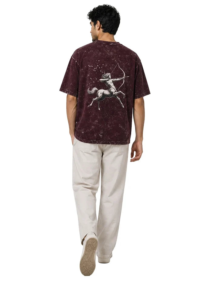 Arya Maroon Oversized Zodiac Sagittarius Print Half Sleeve Cotton T-Shirt