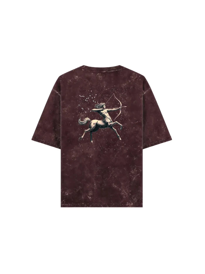 Arya Maroon Oversized Zodiac Sagittarius Print Half Sleeve Cotton T-Shirt