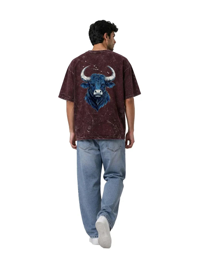 Arya Maroon Oversized Zodiac Taurus Print Half Sleeve Cotton T-Shirt