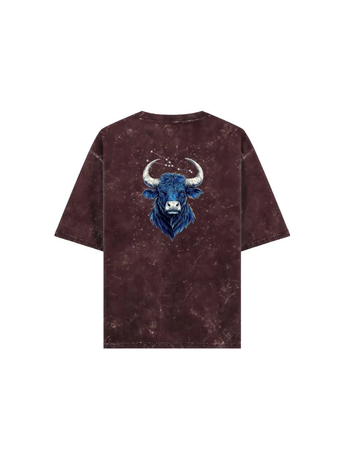 Arya Maroon Oversized Zodiac Taurus Print Half Sleeve Cotton T-Shirt