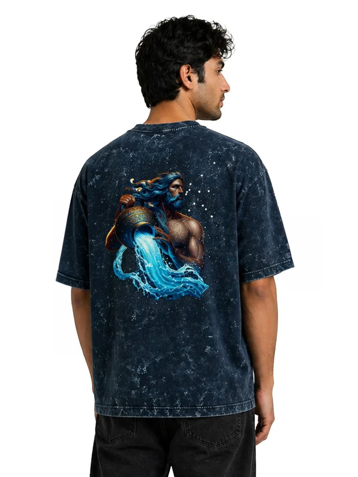 Arya Navy Blue Oversized Zodiac Aquarius Print Half Sleeve Cotton T-Shirt