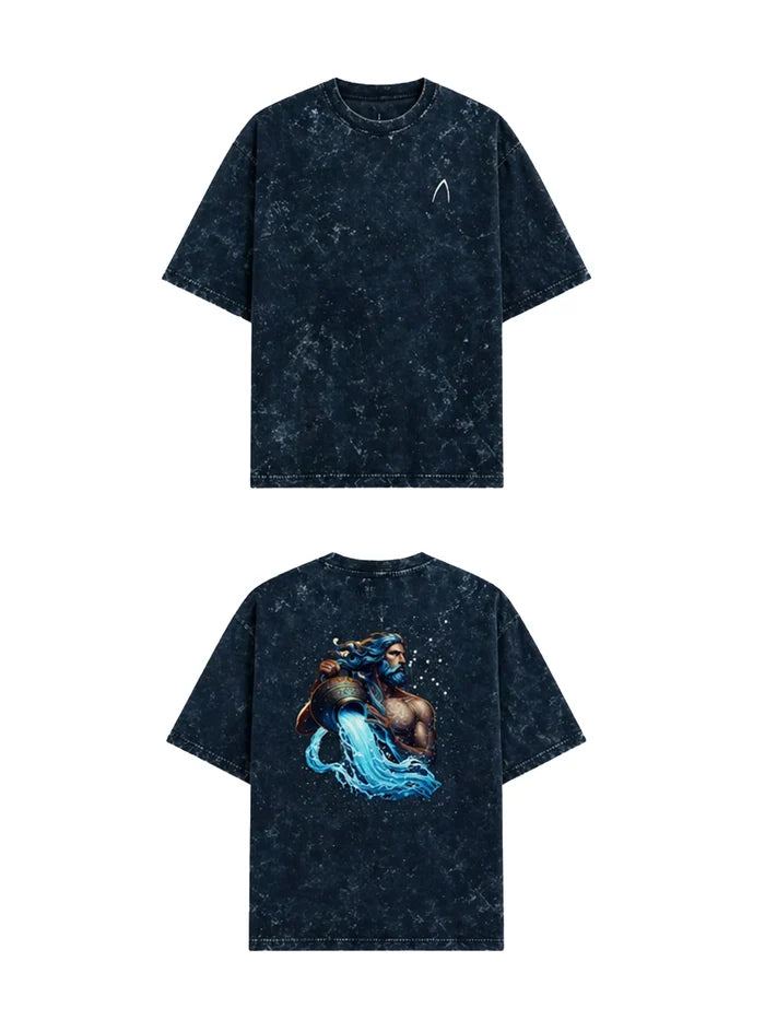 Arya Navy Blue Oversized Zodiac Aquarius Print Half Sleeve Cotton T-Shirt