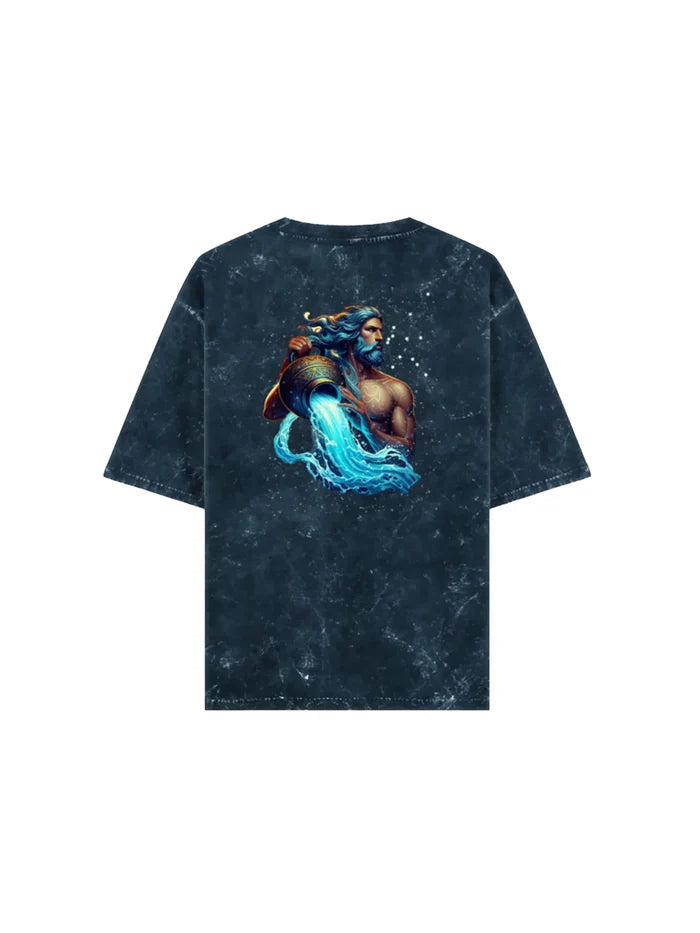 Arya Navy Blue Oversized Zodiac Aquarius Print Half Sleeve Cotton T-Shirt