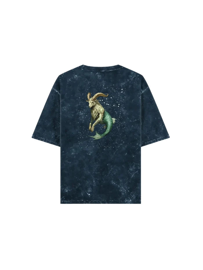 Arya Navy Blue Oversized Zodiac Capricorn Print Half Sleeve Cotton T-Shirt