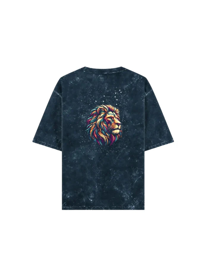 Arya Navy Blue Oversized Zodiac Leo Print Half Sleeve Cotton T-Shirt