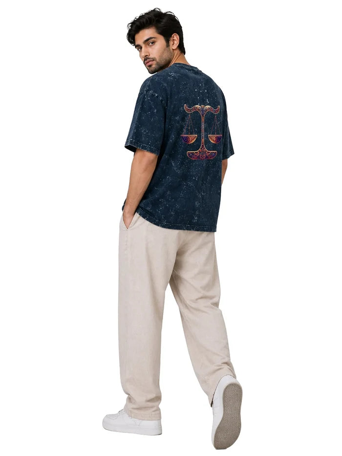 Arya Navy Blue Oversized Zodiac Libra Print Half Sleeve Cotton T-Shirt