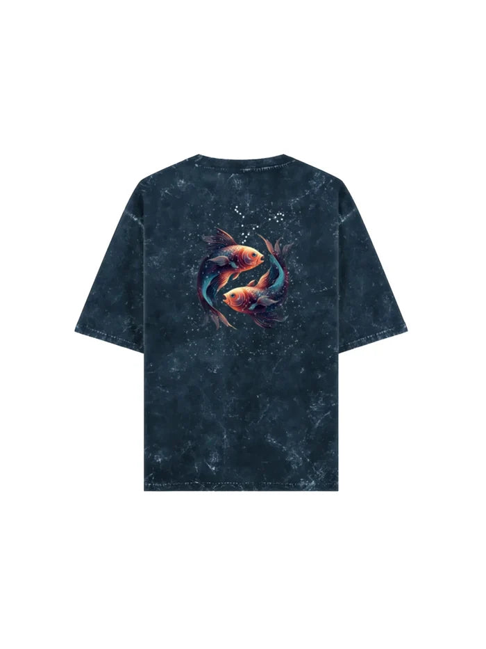 Arya Navy Blue Oversized Zodiac Pisces Print Half Sleeve Cotton T-Shirt