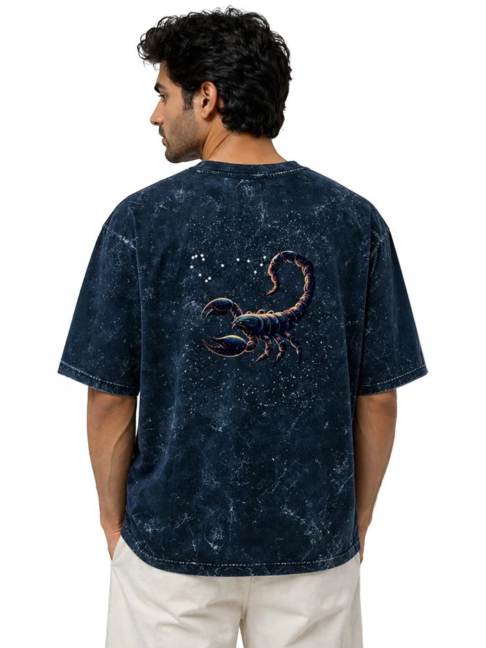 Arya Navy Blue Oversized Zodiac Scorpio Print Half Sleeve Cotton T-Shirt