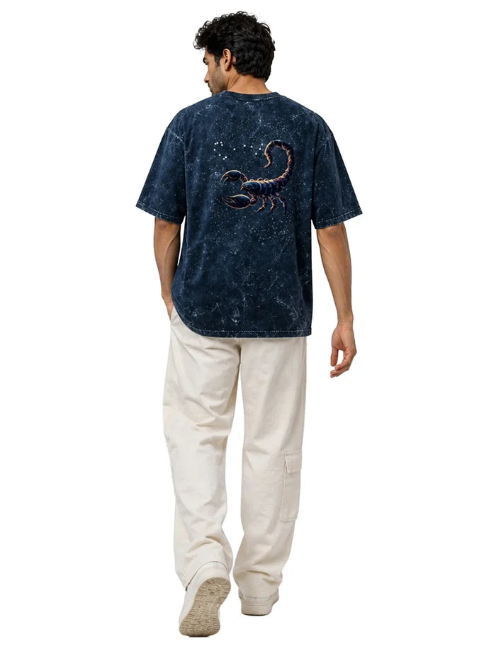Arya Navy Blue Oversized Zodiac Scorpio Print Half Sleeve Cotton T-Shirt