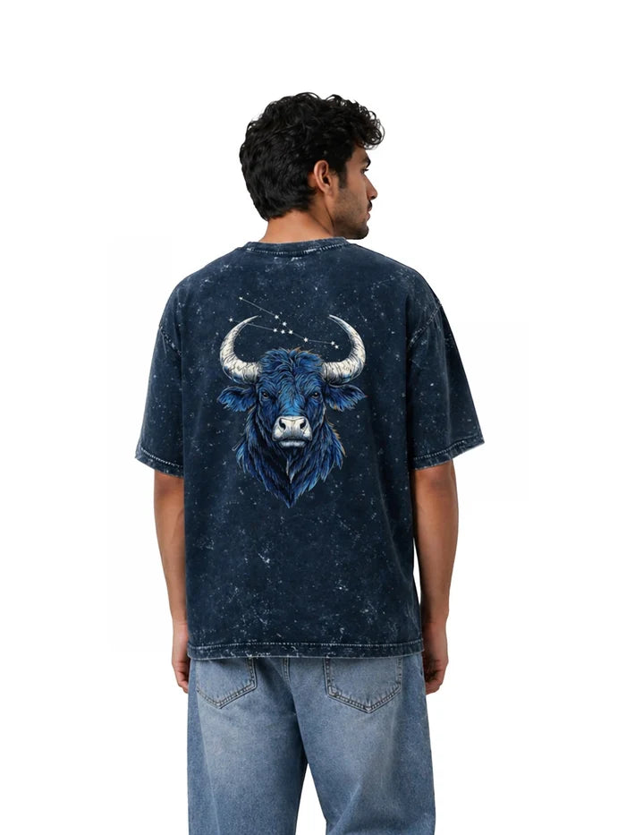 Arya Navy Blue Oversized Zodiac Taurus Print Half Sleeve Cotton T-Shirt