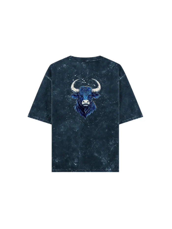 Arya Navy Blue Oversized Zodiac Taurus Print Half Sleeve Cotton T-Shirt
