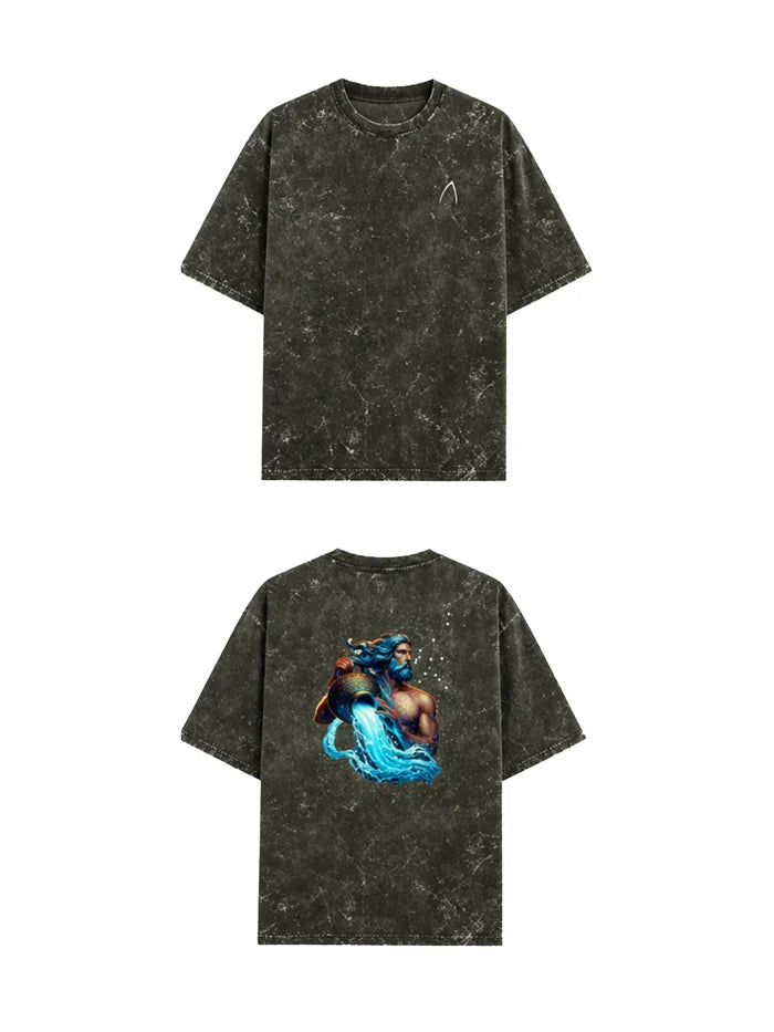 Arya Olive Green Oversized Zodiac Aquarius Print Half Sleeve Cotton T-Shirt