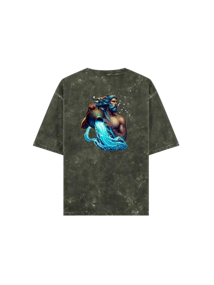 Arya Olive Green Oversized Zodiac Aquarius Print Half Sleeve Cotton T-Shirt