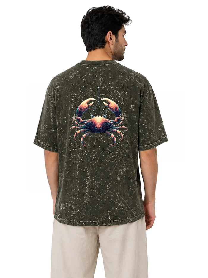 Arya Olive Green Oversized Zodiac Cancer Print Half Sleeve Cotton T-Shirt
