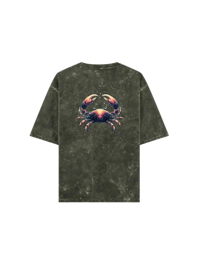 Arya Olive Green Oversized Zodiac Cancer Print Half Sleeve Cotton T-Shirt