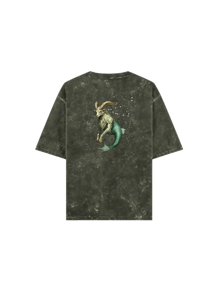 Arya Olive Green Oversized Zodiac Capricorn Print Half Sleeve Cotton T-Shirt