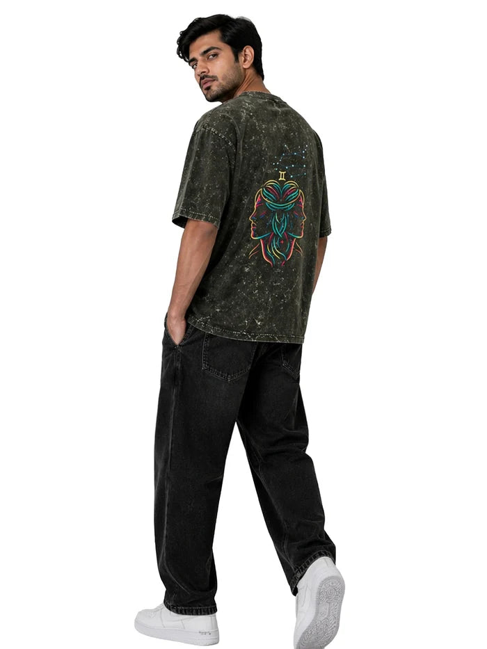 Arya Olive Green Oversized Zodiac Gemini Print Half Sleeve Cotton T-Shirt