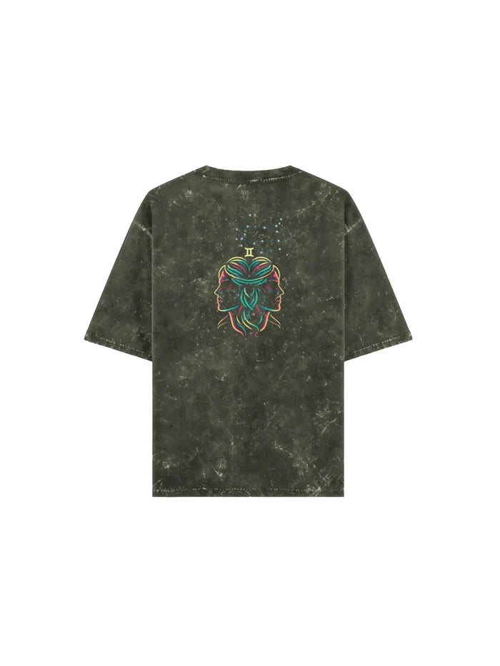 Arya Olive Green Oversized Zodiac Gemini Print Half Sleeve Cotton T-Shirt