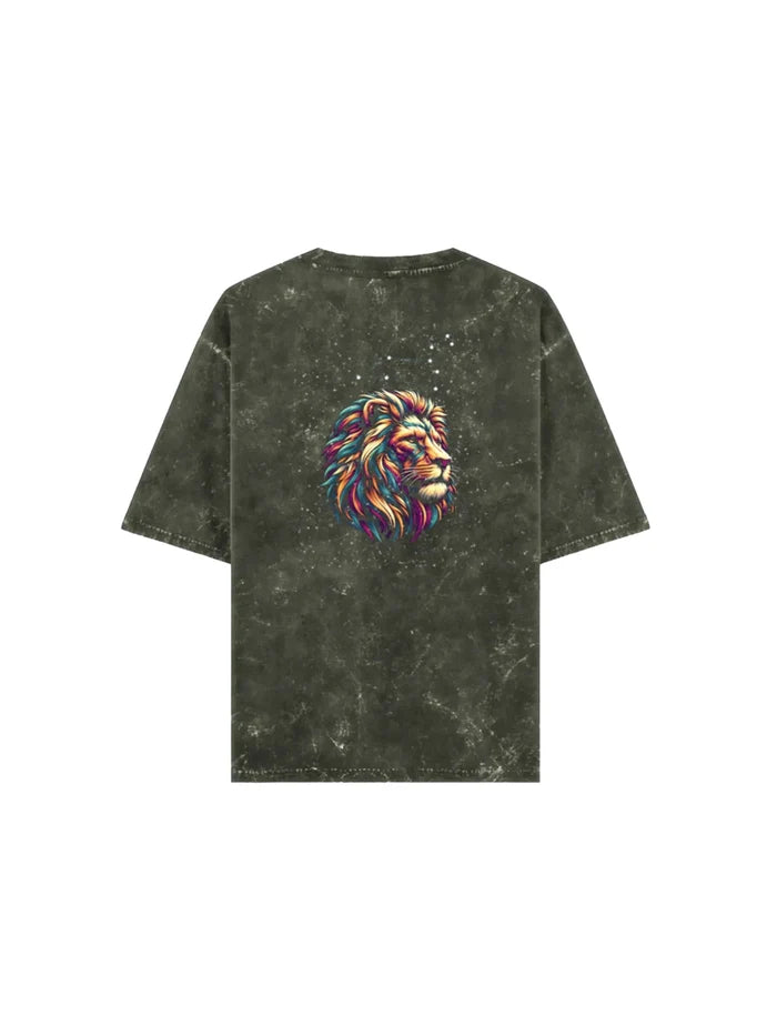 Arya Olive Green Oversized Zodiac Leo Print Half Sleeve Cotton T-Shirt