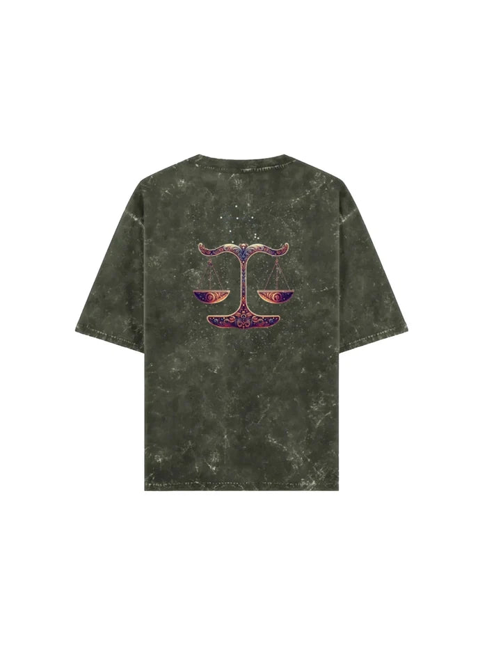 Arya Olive Green Oversized Zodiac Libra Print Half Sleeve Cotton T-Shirt