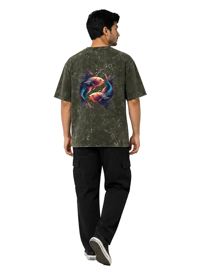 Arya Olive Green Oversized Zodiac Pisces Print Half Sleeve Cotton T-Shirt