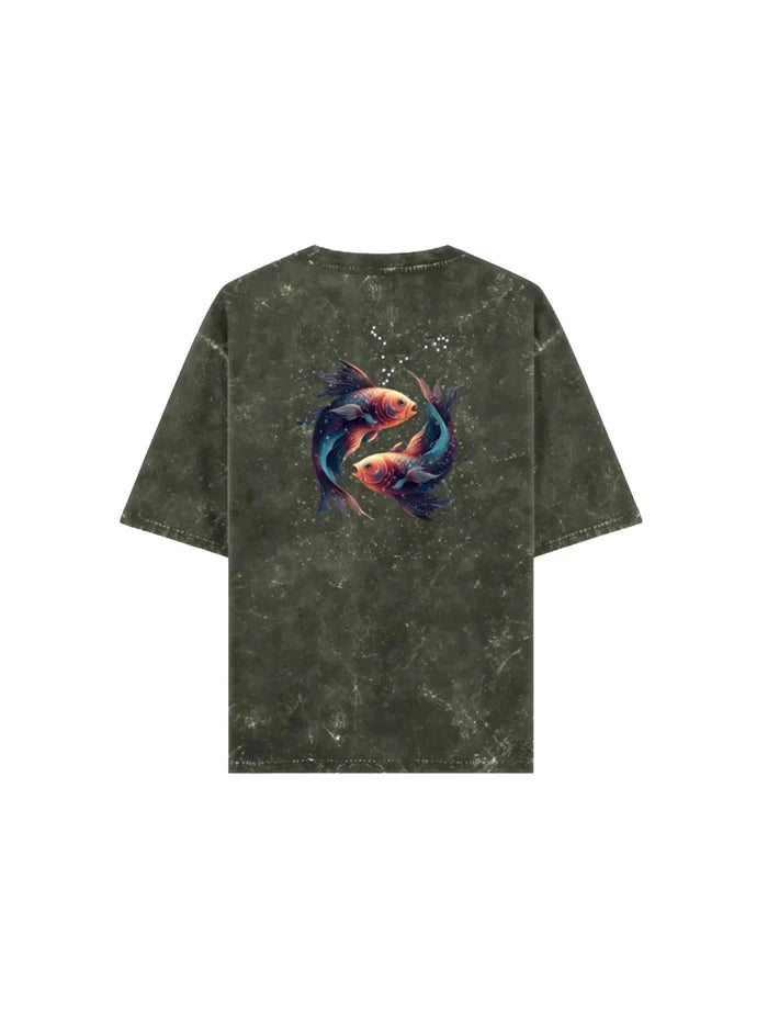 Arya Olive Green Oversized Zodiac Pisces Print Half Sleeve Cotton T-Shirt