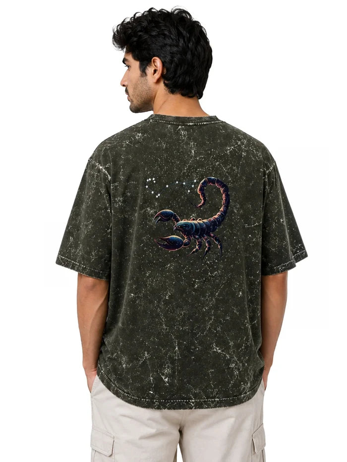 Arya Olive Green Oversized Zodiac Scorpio Print Half Sleeve Cotton T-Shirt